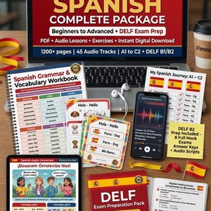 May include: A comprehensive Spanish language learning package with workbooks, audio lessons, and exam preparation materials. Includes a laptop, tablet, smartphone, flashcards, and printed guides. The materials cover grammar, vocabulary, and exam practice.