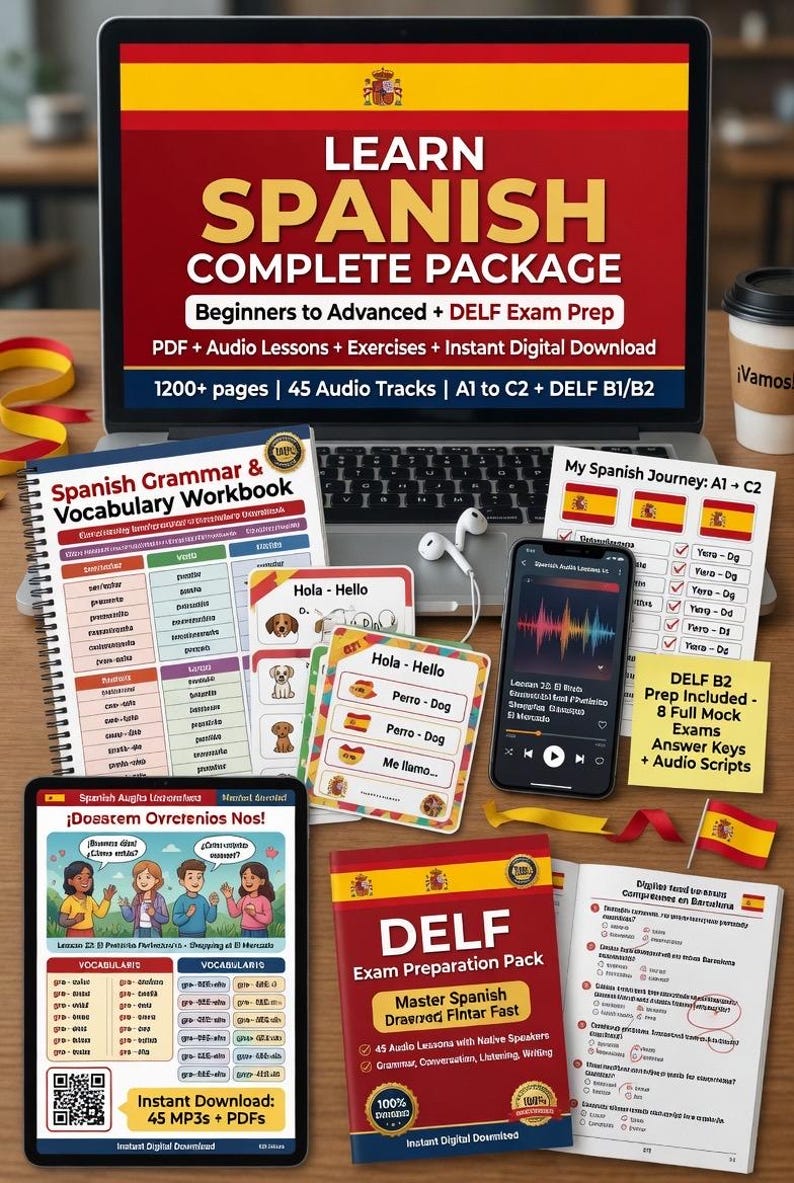 May include: A comprehensive Spanish language learning package with workbooks, audio lessons, and exam preparation materials. Includes a laptop, tablet, smartphone, flashcards, and printed guides. The materials cover grammar, vocabulary, and exam practice.
