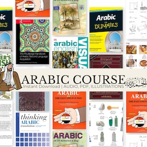 Peut inclure: Une collection de livres et de matériel pédagogique pour l'apprentissage de l'arabe. L'image comprend des livres intitulés "Arabic for Dummies", "Arabic English Visual" et "The Routledge Handbook of Arabic Second Language Acquisition". L'expression "Arabic Course" est également visible.