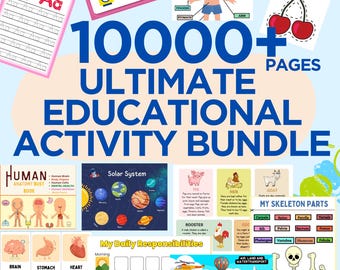 Könnte beinhalten: Ein farbenfrohes Lernaktivitäten-Paket mit dem Text "10000+ PAGES ULTIMATE EDUCATIONAL ACTIVITY BUNDLE." Enthält Illustrationen des Sonnensystems, der menschlichen Anatomie und der täglichen Verantwortlichkeiten. Enthält Aktivitäten zum Nachzeichnen, Zählen und Scheren.