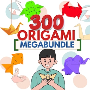 May include: A colorful illustration features various origami animals, including a turtle, crab, and elephant, along with a person holding a paper boat. The text "300 ORIGAMI MEGABUNDLE" is prominently displayed, suggesting a collection of origami patterns.
