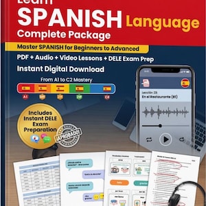 May include: A digital Spanish language learning package with the title "Learn Spanish Complete Package." The cover features text, graphics, and a smartphone displaying a lesson. Includes PDF lessons, audio tracks, and exam prep.