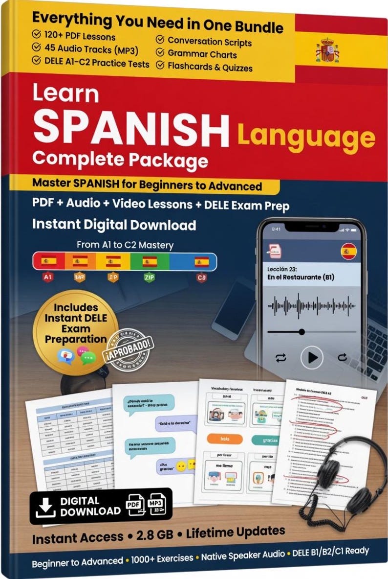 May include: A digital Spanish language learning package with the title "Learn Spanish Complete Package." The cover features text, graphics, and a smartphone displaying a lesson. Includes PDF lessons, audio tracks, and exam prep.