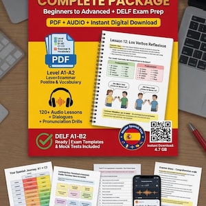May include: A Spanish language learning package with a red and yellow cover, featuring PDF lessons, audio, and digital download. Includes grammar, vocabulary, and exam prep for levels A1-B2. The image shows a laptop, smartphone, and printed materials.