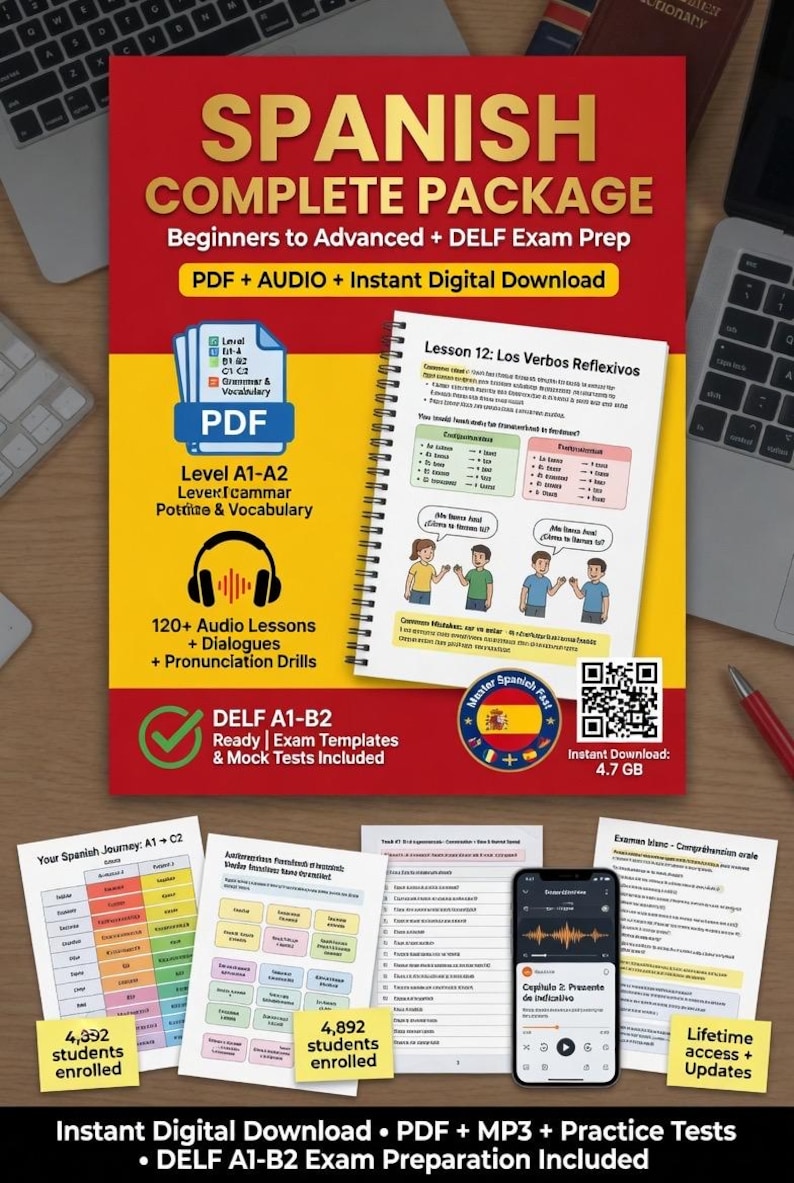 May include: A Spanish language learning package with a red and yellow cover, featuring PDF lessons, audio, and digital download. Includes grammar, vocabulary, and exam prep for levels A1-B2. The image shows a laptop, smartphone, and printed materials.