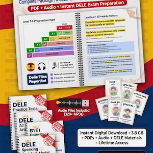 May include: A comprehensive Spanish language learning package with PDF, audio, and DELE exam preparation materials. Includes practice tests, audio files, and a progression chart. Digital download with lifetime access.