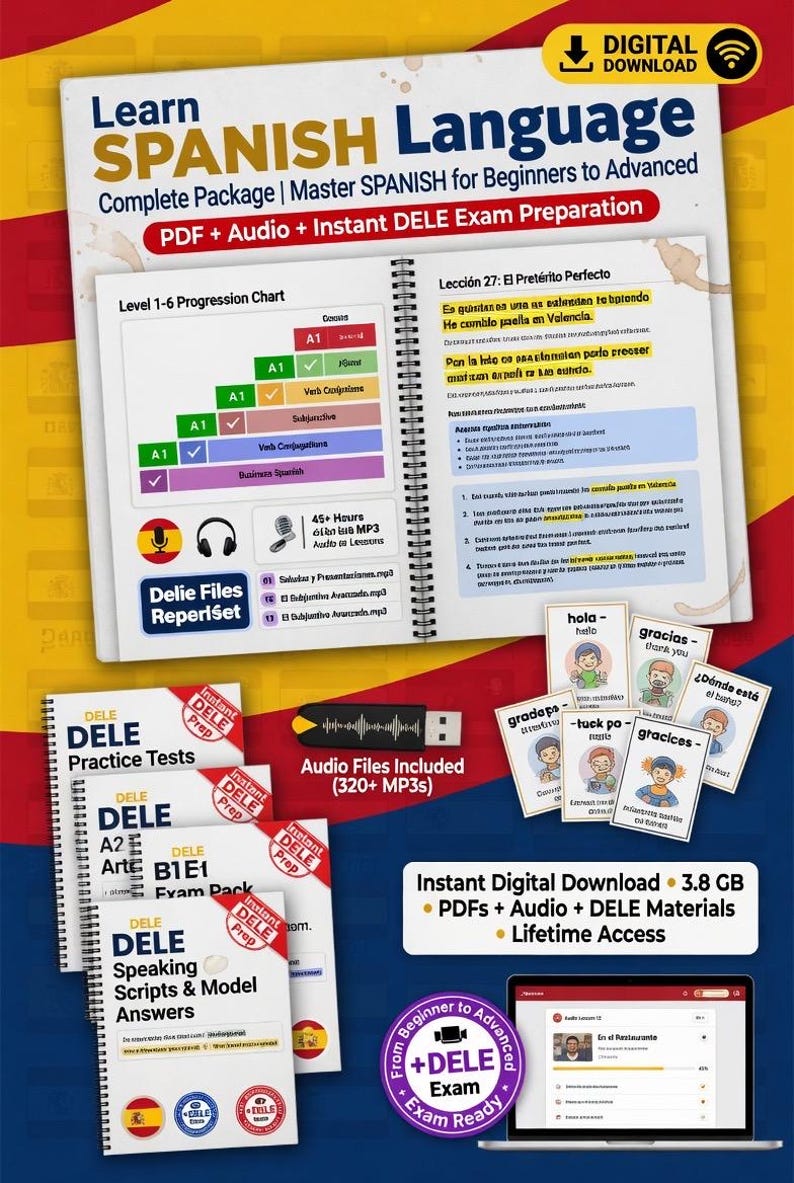 May include: A comprehensive Spanish language learning package with PDF, audio, and DELE exam preparation materials. Includes practice tests, audio files, and a progression chart. Digital download with lifetime access.
