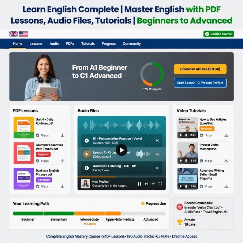 Learn English Complete Package for TOEFL | Master English with PDF Lessons, Audio Files, Video Tutorials |  Beginners to Advanced