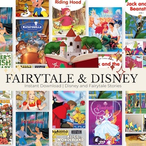 Può includere: Una collezione di storie Disney e fiabe, con copertine di libri che presentano illustrazioni di personaggi come Pinocchio, Cappuccetto Rosso e Cenerentola. L'immagine include il testo "FAIRYTALE & DISNEY" e "Instant Download | Disney and Fairytale Stories."