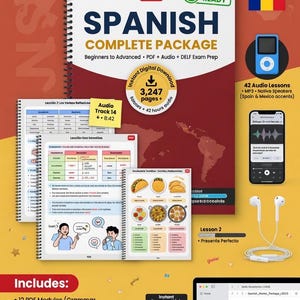 May include: A Spanish language learning package with a spiral-bound workbook, audio lessons, and digital download options. The package includes grammar modules, audio lessons, practice exams, worksheets, and a phrasebook. The image also shows a laptop, headphones, and a music player.
