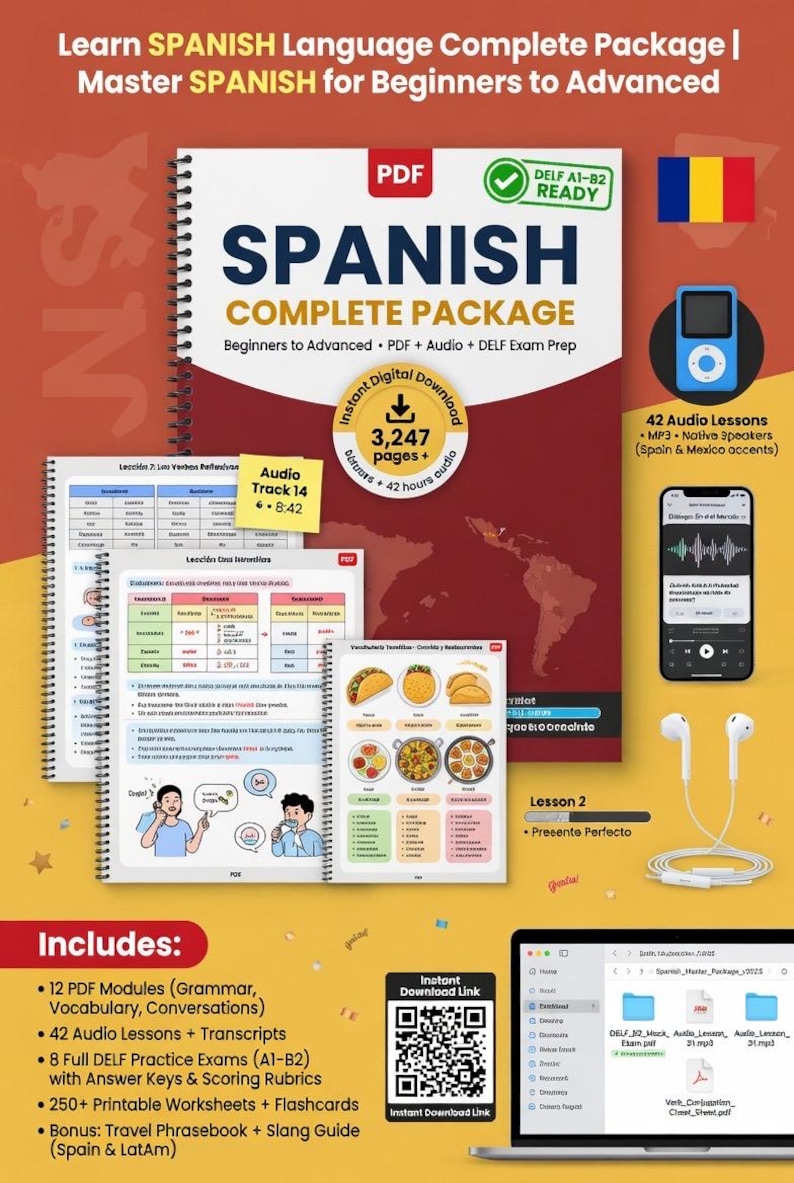 May include: A Spanish language learning package with a spiral-bound workbook, audio lessons, and digital download options. The package includes grammar modules, audio lessons, practice exams, worksheets, and a phrasebook. The image also shows a laptop, headphones, and a music player.