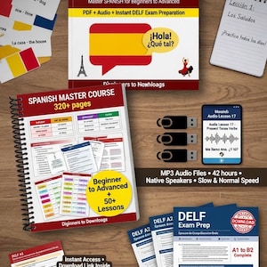 May include: A complete Spanish language learning package with books, audio files, and exam preparation materials. Includes a textbook, flashcards, USB drives, and a smartphone displaying audio lessons. The package is designed for beginners to advanced learners.