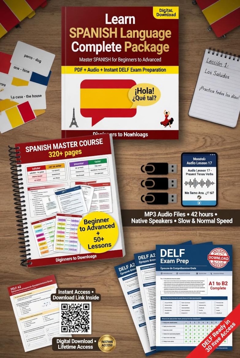 May include: A complete Spanish language learning package with books, audio files, and exam preparation materials. Includes a textbook, flashcards, USB drives, and a smartphone displaying audio lessons. The package is designed for beginners to advanced learners.