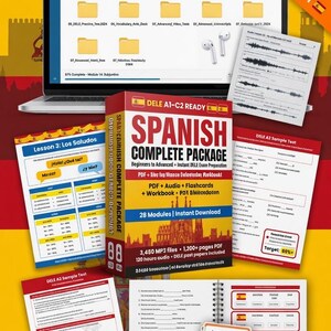 May include: A laptop displays file folders, with a Spanish language learning package in the foreground. The package includes a workbook, flashcards, and audio files for DELE exam preparation. Additional study materials are scattered around.