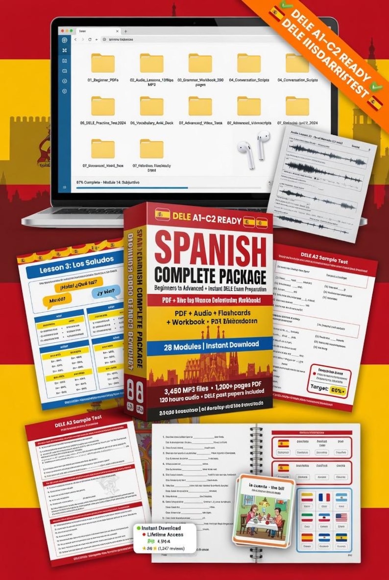 May include: A laptop displays file folders, with a Spanish language learning package in the foreground. The package includes a workbook, flashcards, and audio files for DELE exam preparation. Additional study materials are scattered around.