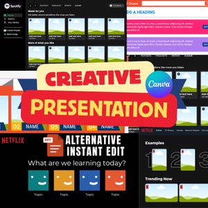 May include: A digital presentation design featuring the words "CREATIVE PRESENTATION" in red and yellow. The image includes screenshots of Spotify, Shopee, and Netflix interfaces, and the text "ALTERNATIVE INSTANT EDIT".