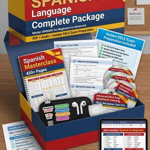 May include: A complete Spanish language learning package in a red, blue, and yellow box. Includes books, CDs, a USB drive, and a tablet with the text "&iexcl;Bienvenidos! Spanish for Beginners". The package is designed for beginners to advanced learners and includes DELE exam preparation.