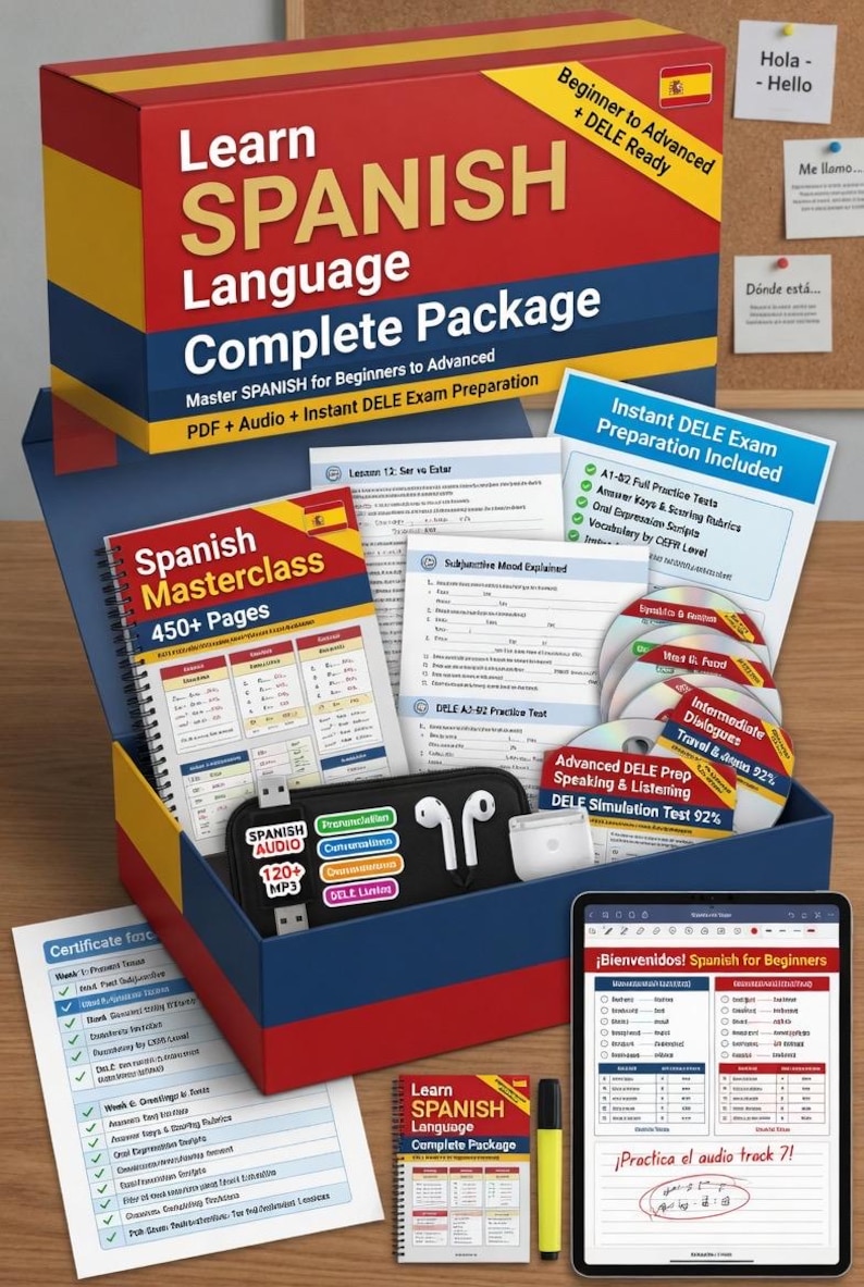 May include: A complete Spanish language learning package in a red, blue, and yellow box. Includes books, CDs, a USB drive, and a tablet with the text "&iexcl;Bienvenidos! Spanish for Beginners". The package is designed for beginners to advanced learners and includes DELE exam preparation.