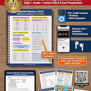 May include: A complete Spanish language learning package with digital access. Includes audio lessons, exam preparation, and pronunciation practice. Features a notebook, tablet, and smartphone with learning materials. The package includes MP3 files and instant download access.