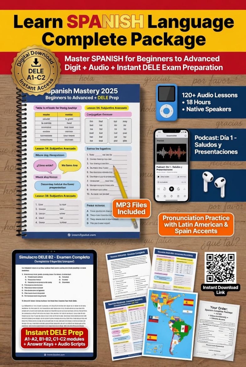 May include: A complete Spanish language learning package with digital access. Includes audio lessons, exam preparation, and pronunciation practice. Features a notebook, tablet, and smartphone with learning materials. The package includes MP3 files and instant download access.