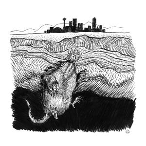 May include: Black and white ink drawing of a fantastical creature emerging from the ground, with a cityscape in the background.