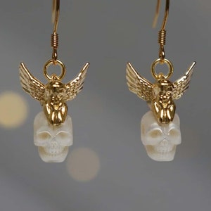 Natural Pearl Skull Earrings &quot;Be My Angel&quot; Hand-carved Freshwater Pearl Skull Drop Earrings Gothic Jewelry Halloween Earrings Gift For Her