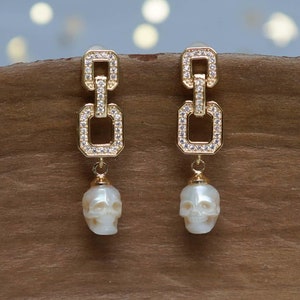 Natural Pearl Skull Chain Earrings Freshwater Pearl Drop Earrings Hand-carved Pearl Skull Earrings Gift For Her Cubic Zirconia Gold Earrings