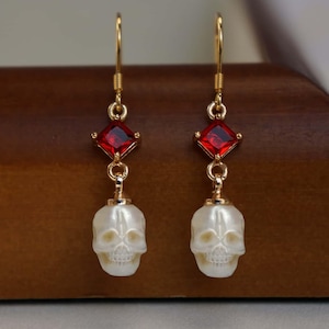Pearl Skull Earrings Hand-carved Pearl Drop Earrings Natural Freshwater Pearl Skull Jewelry Gothic Vampire Halloween Earrings Gift For Her