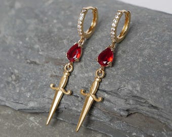 Sword Blood Earrings Hoop Sword Dangle Earrings Sword Necklace Gothic Sword Jewelry Set Halloween Earrings Gift For Her Rocker Punk Earrings