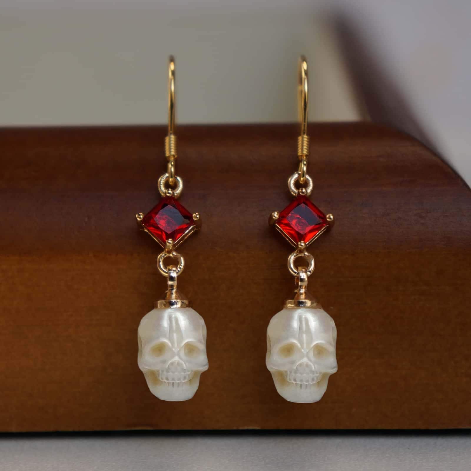 Pearl Skull Earrings Hand-carved Pearl Drop Earrings Natural Freshwater Pearl Skull Jewelry Gothic Vampire Halloween Earrings Gift For Her