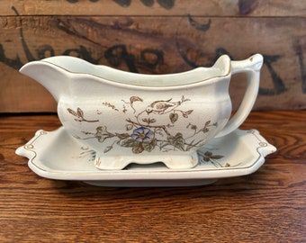 Vintage Ironstone Transferware Gravy Boat with Under Tray in Morning Glory Pattern