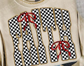 Faith PNG, Checkered Varsity Letters with Red Bows, Preppy Coquette Christian Design, Trendy Religious Digital Download
