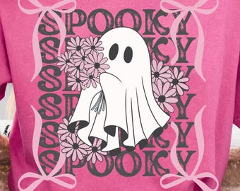 Spooky But Cute Ghost PNG | Retro Pastel Halloween Design | Pink Bow Girly Ghost Sublimation File | 300 DPI Coquette Trendy Digital Download