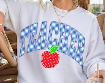 Teacher PNG, Teacher Shirt Design, Apple Teacher Graphic, Blue Gingham Varsity PNG, Back to School Sublimation Download