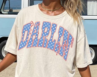 Darlin PNG Western Patriotic Bow, 4th of July Coquette, Blue Polka Dot Summer Shirt Png, Digital Download