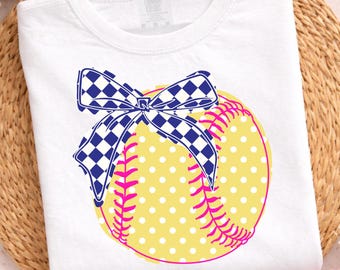 Coquette Softball PNG, Yellow Polka Dot Softball Bow, Navy Checkered Bow, Girly Softball Design, Game Day Shirt Graphic