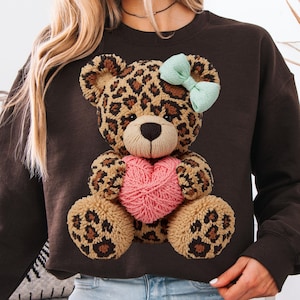 Leopard Yarn Teddy Bear PNG – Pink Heart Valentine Sublimation – Cute Cheetah Print Bear Clipart – Bow Plush Texture | Digital Download