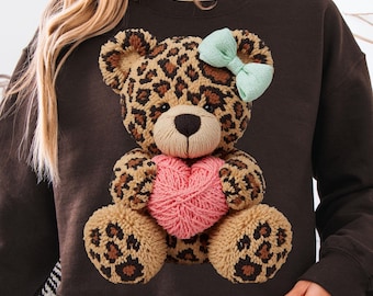 Leopard Yarn Teddy Bear PNG – Pink Heart Valentine Sublimation – Cute Cheetah Print Bear Clipart – Bow Plush Texture | Digital Download