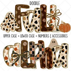 Könnte beinhalten: Ein herbstliches digitales Design mit den Wörtern "FALL" und "ALPHABET" in verschiedenen Mustern, darunter Tiermuster, Kürbisse und florale Designs. Enthält eine Geister- und Kürbisillustration. Der Text lautet "DOODLE UPPER CASE + LOWER CASE + NUMBERS & ACCESSORIES."