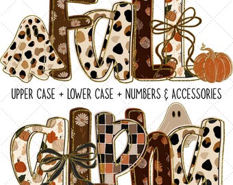 Fall Doodle Alphabet PNG | Glitter Outline Letters | Autumn Digital Download | Bow Clipart Set With Preppy letters