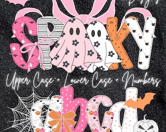 May include: A Halloween-themed design featuring the word "SPAKY" in large, decorative letters, with ghosts, bats, and pumpkins. The design includes upper and lower case letters and numbers. The letters are in pink, orange, and white.