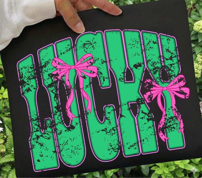 May include: Black tote bag with the word "LUCKY" in large, distressed green letters outlined in pink. Two pink bows are placed on the letters. The bag is held by a person.