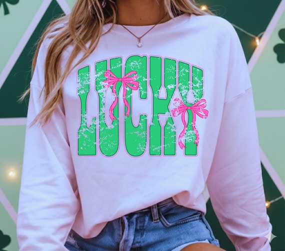 Lucky PNG | Green Lucky Shirt Design with Pink Bows | St Patrick’s Day PNG | Trendy Lucky Graphic | Digital Download