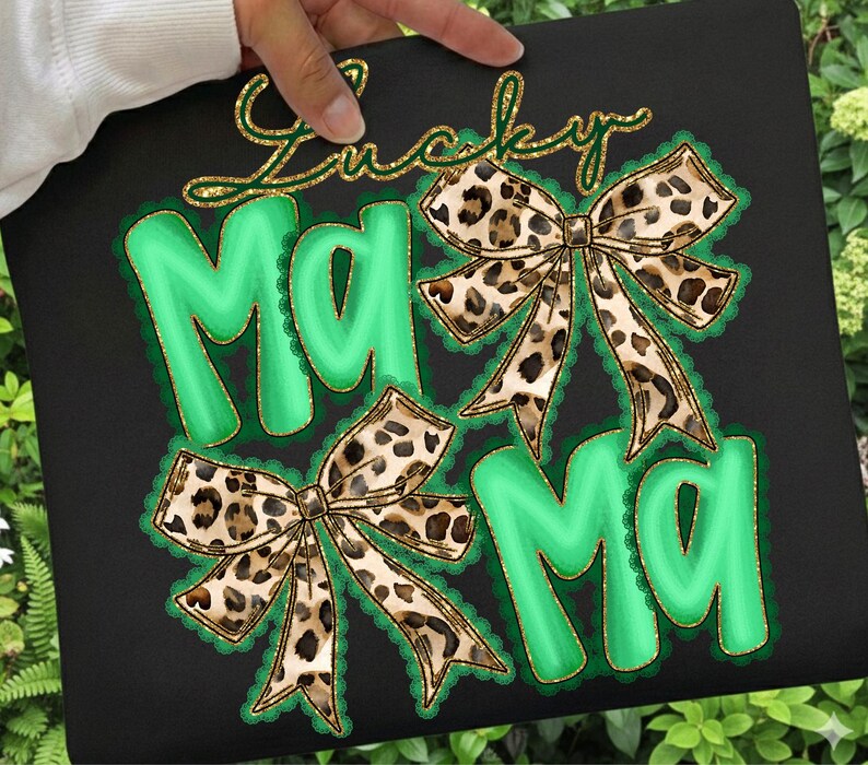 May include: Black graphic tee with the words "Lucky Mama" in gold glitter script. The word "Mama" is in bright green with a gold trim and two leopard print bows. The design is on a black background.