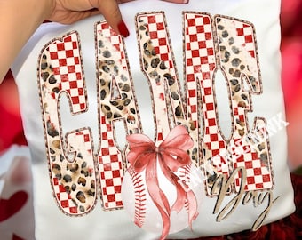 Baseball Game Day PNG | Coquette Bow Sports Design | Leopard Checkerboard Sublimation Shirt Graphic | Digital Download