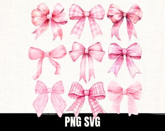 Pink Watercolor Bows PNG SVG – Girly Clipart 9 Bows, Trendy Coquette, Pink Bow Aesthetic, Ribbons, Home Decor Wall Art, Sublimation & Crafts
