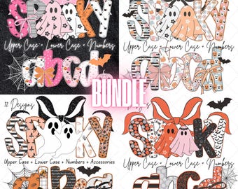 Halloween Alphabet PNG Mega Bundle | 4 Spooky Alphabet Sets | Ghosts, Pumpkins, Bats, Clipart Letters A–Z | Sublimation PNG