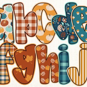 May include: Colorful fall-themed alphabet letters A through J. The letters feature various patterns, including pumpkins, plaid, leaves, and acorns, in shades of orange, blue, and brown. The letters are outlined in a dark brown color.