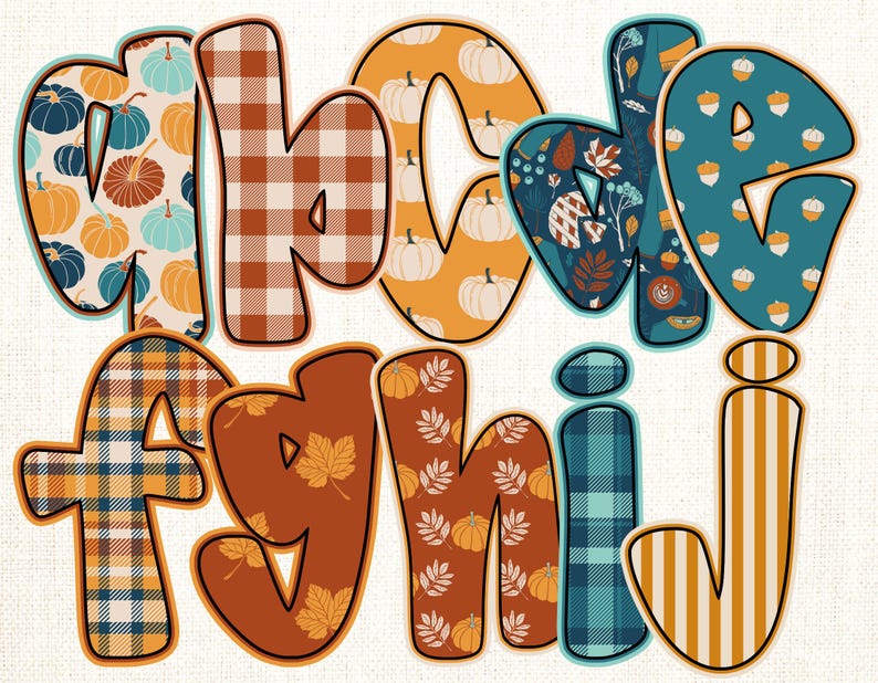 May include: Colorful fall-themed alphabet letters A through J. The letters feature various patterns, including pumpkins, plaid, leaves, and acorns, in shades of orange, blue, and brown. The letters are outlined in a dark brown color.
