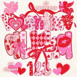 May include: A digital design featuring the word "Valentine" in a playful, bubble-letter style, with patterns of hearts, cherries, and diamonds. The image includes the numbers "123" and the words "Patterns" and "Clipart", along with pink cherubs and hearts.